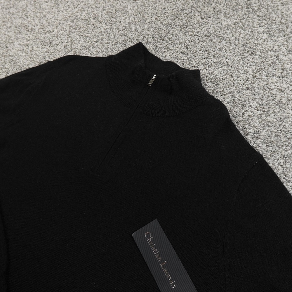 NEW Christian Lacroix Sweater Mens M Black Merino Wool Pullover 1/4 Zip Knit Top